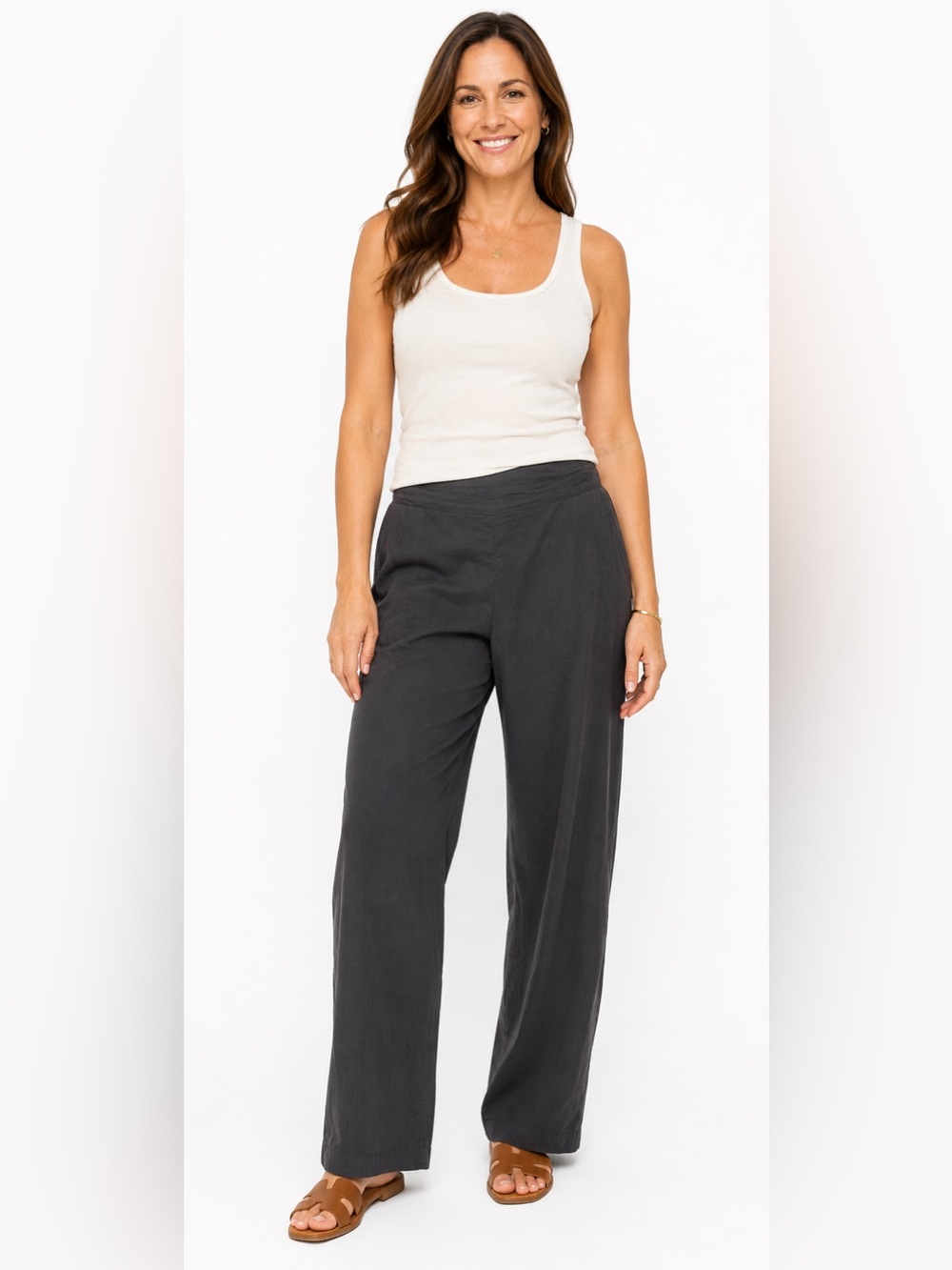 Eileen Fisher Grey Linen Wide Leg Pants lagenlook Size 14 lightweight coastal